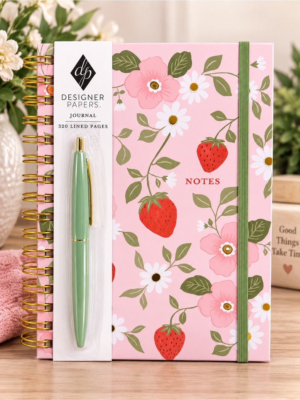 Journal w/Green Pen:Strawberry & Floral Pattern NWOT